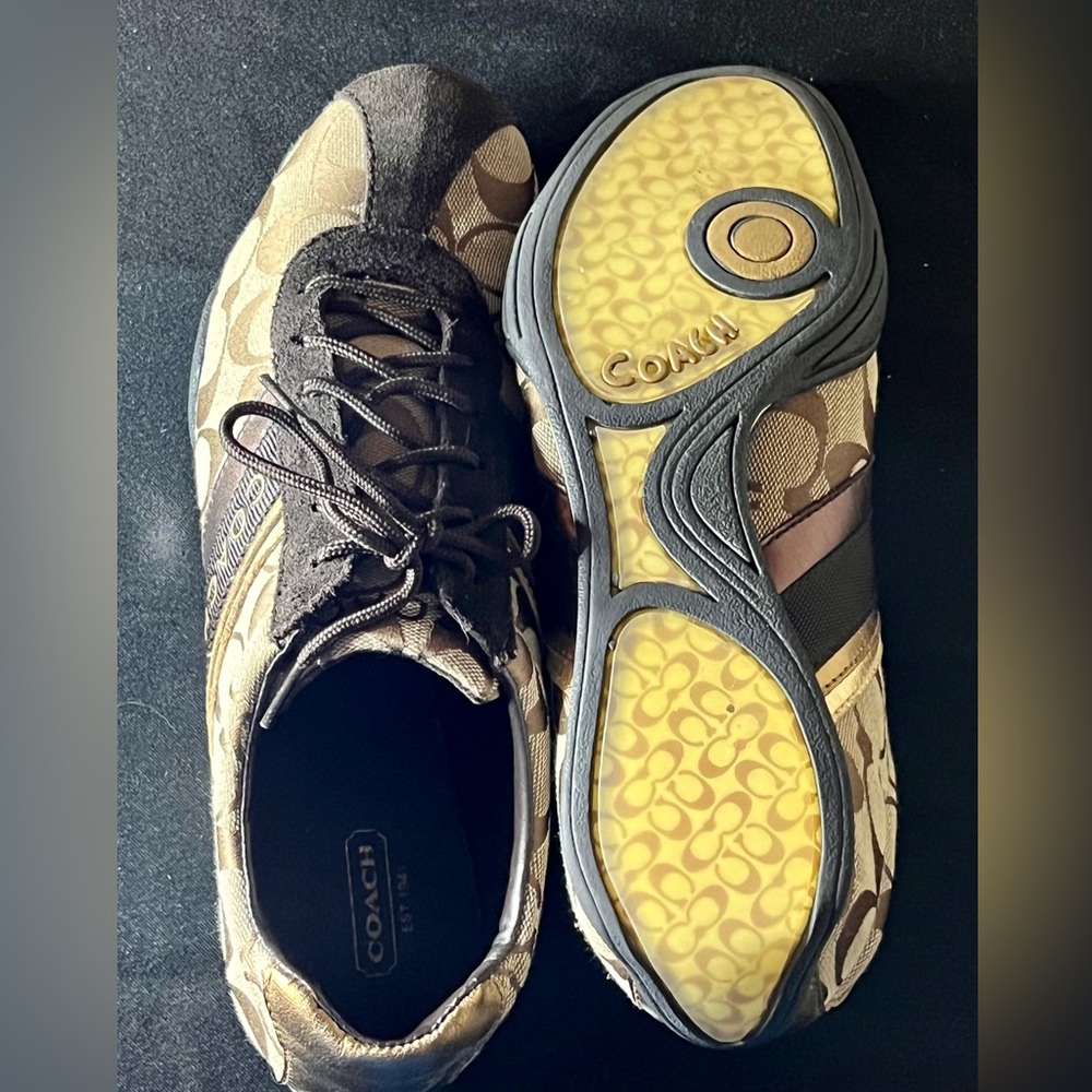 Brown and tan coach sneakers for women. Gold back and trim - Picture 6 of 6